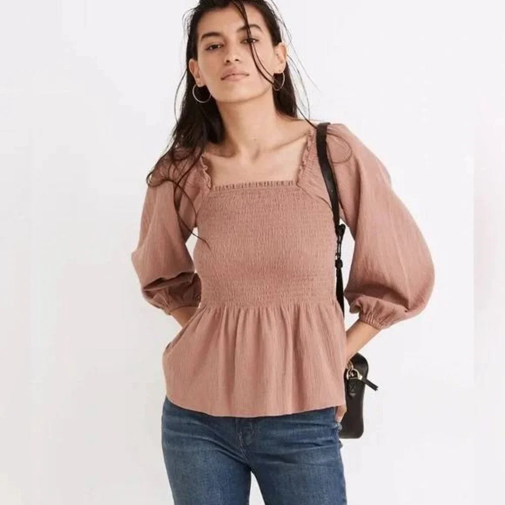 Madewell Lucie‎ Smocked Peplum Top Mauve Rose Cotton Gauze 4